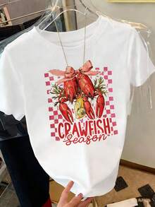Women's Casual Vacation Streetwear Beach Plaid Lemon Lobster Bow Leaf Letter Print T-Shirt, Brunch White - White - View 6