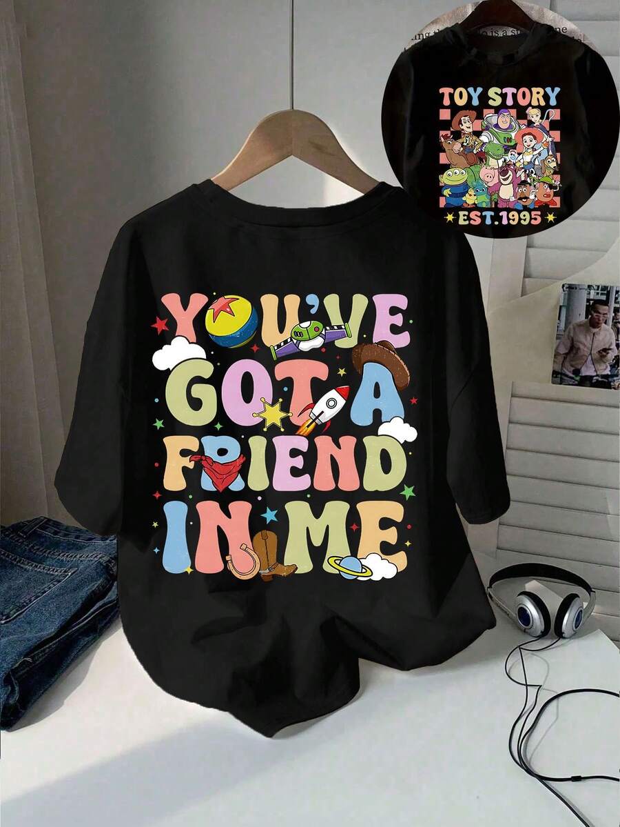 Disney (Loose Version)Black Cotton Round Neck T-Shirt For Women Featuring Cute Toy Story You've Got A Friend In Me Graphic Print Short-Sleeved Round Neck Casual Shirt Necessary In Summer, Suitable For Summer And Spring, Holiday Gift Party Clothing, Ladies' Clothing. - Noir - Voir 1