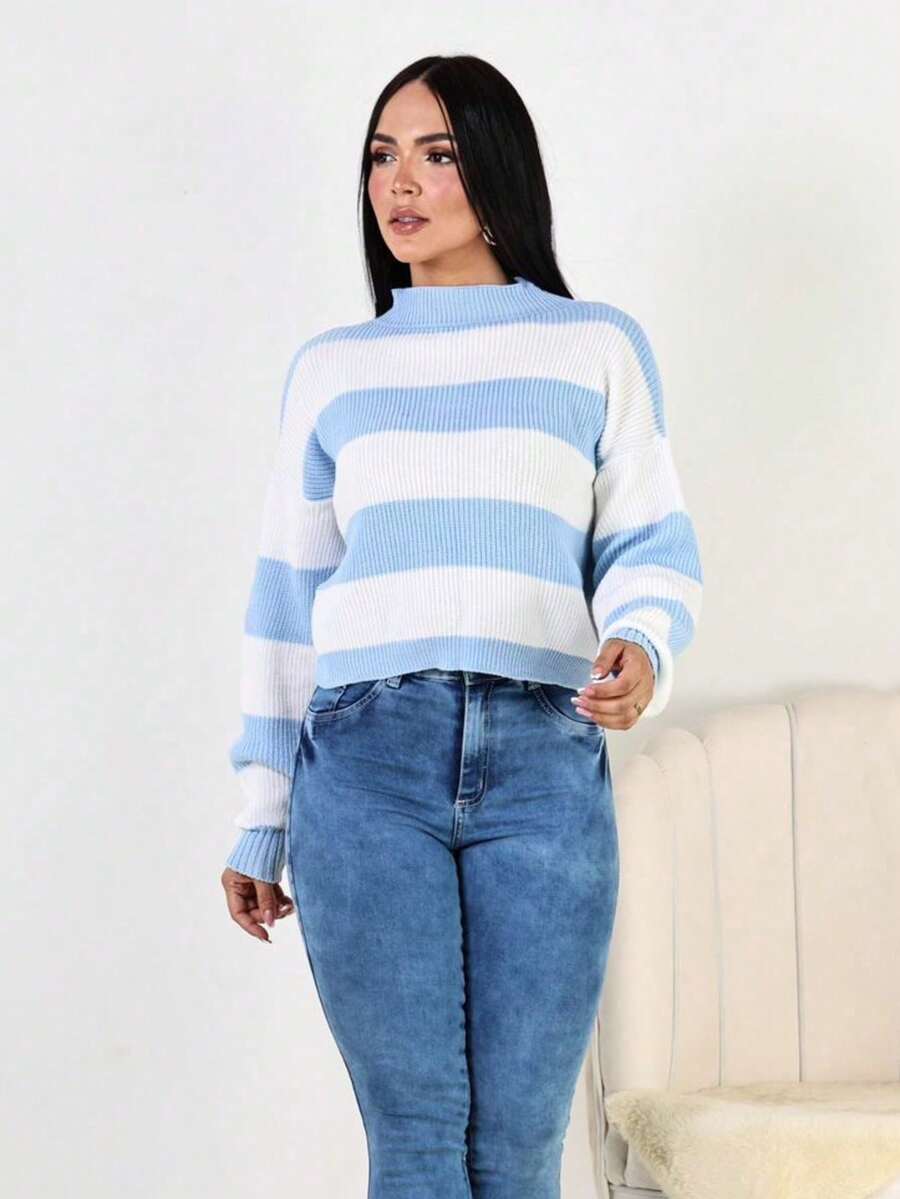 Women's Striped High Neck Knit Sweater, Winter Blouse - 淺藍色 - 查看 1