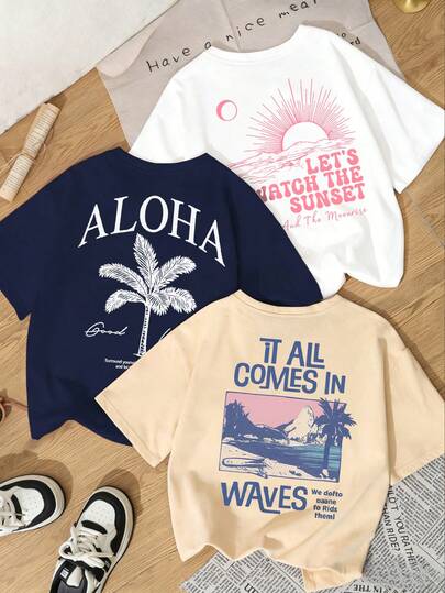 3 Stücke Damen Sommer Mode Casual Slogan Muster Rundhals Kurzarm T-Shirt Set, stilvolle Tops für den täglichen Gebrauch, geeignet für Lässig