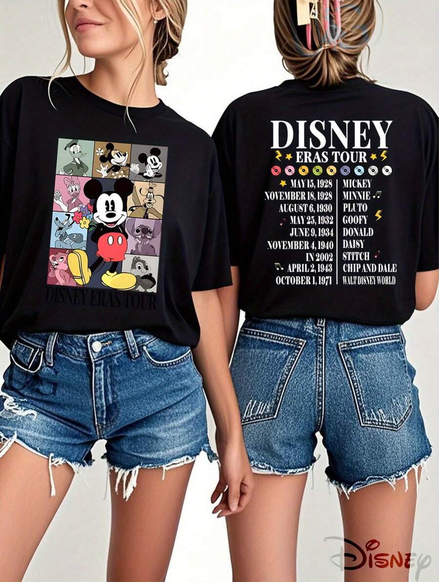 Disney Mickey & Friends Graphic T-Shirts Are Officially Licensed, Featuring Double-Sided Prints. These Short-Sleeved Shirts Are Perfect For Casual Wear In Spring And Summer, Making Them An Ideal Gift Choice - 黑色 - 查看 1