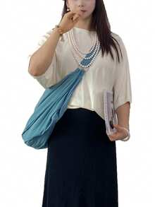 大容量纯色单肩包，防水尼龙材质，简约无印花风格女士斜挎包，休闲拉链手提包，中性复古学生背包，休闲多功能手提包，适合工作、学习、旅行 - 水鴨藍 - 查看 3