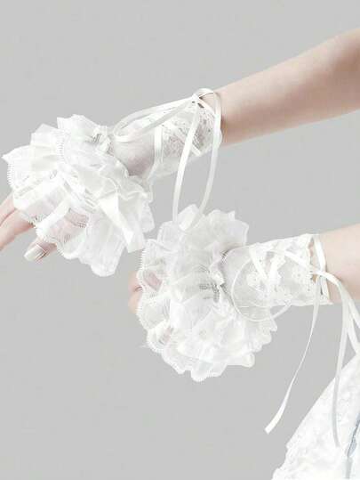 1 Pair Y2K Style 3-Layer Lace Trim Cuff Sleeves, Suitable For Weddings, Dates, Formal Occasions