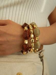 3pcs/Set Vintage Boho Style Thick Multi-Layer Brown Acrylic Beaded Bracelet, Luxury High-End For Women, Couples, Party, Daily Wear - Multicolor - View 1