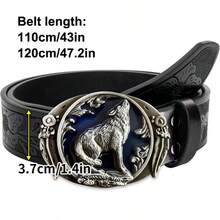 Western Cowboy Wolf Style Men's Belt - Asymmetrical Pattern Carved Floral Long Horn Cow Head, Smooth Buckle Women's Belt - Country Music Festival Equestrian Belt, Pair With Jeans, Christmas Gift, Animal Bohemian Vintage Casual PU Leather New Belt, 4 Seasons - Orange - View 2