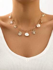 1pc Ocean Style Seashell, Turtle, Starfish Necklace With Faux Pearl Scallop & Conch Charm Pendant, Women Clavicle Chain - Vàng - Xem 2