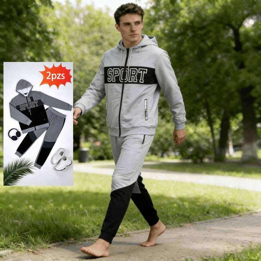 Men's Tracksuit: Hoodie And Tracksuit Bottoms - Light Grey - View 1