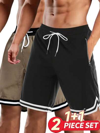 2pcs Men's Casual Sports Shorts, Zipper Pockets, Fitness Apparel, Drawstring Waist, Basketball Shorts, Elastic Lightweight Athletic Pants, Suitable For Basketball, Baseball, Fitness, Running, Training, Outdoor Activities, Father's Day Gift Summer