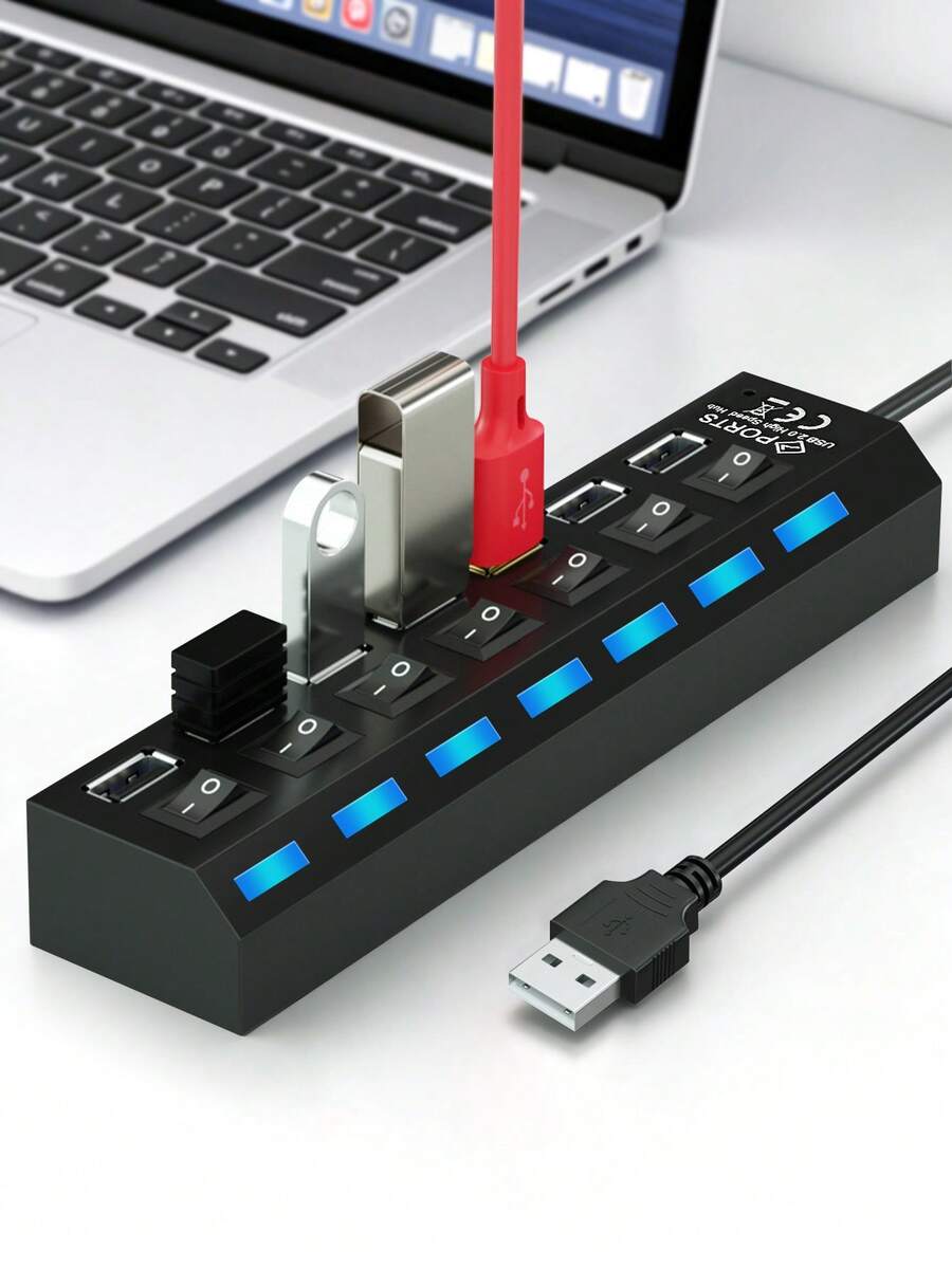 7端口USB 2.0集线器，带独立开关，高速USB分线器扩展坞，适用于笔记本电脑、台式机、U盘、鼠标、键盘，支持即插即用（不支持设备充电） - 查看 1