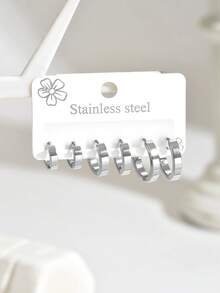 6pcs Set Minimalist Stainless Steel Plain Hoop Earrings, Versatile Daily Wear For Women - Multicolor - View 7