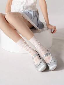 1/3/6 Pairs Women White Lace Hollow Out Socks, Heart Pattern Mid-Calf Socks, Sweet Lolita Style Socks, Straight Tube Socks Without Heels - White - View 10