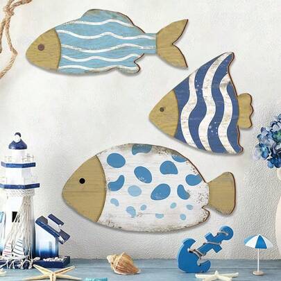 1/3 PiecesMediterranean Wooden Ocean Fish-Shaped Home Decoration, Summer Beach Fish Wooden Sign Creative Decoration, Ocean-Style Wooden Home Decoration, Suitable For Sea View Room Decoration, Outdoor Beach Decoration, Home Wall Decoration, Living Room, Kitchen, Bathroom Wall Decoration