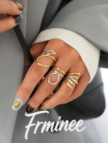 Frminee 3pcs Vintage Minimalist 18K Gold Plated Line Design Stainless Steel Ring Set, Western Women's Jewelry Accessories, Suitable For Women's Daily Wear - Gold and Silver Mixed Color - View 6