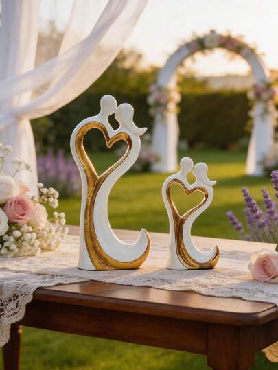 1pc Minimalist Ceramic Couple Heart Shaped Decor, Romantic Home Decoration, Suitable For Desk, Hotel, Restaurant, Bedroom, Wedding Decoration, Also An Excellent Gift Choice For Back To School, Commemorative, Holiday, Friends And Family