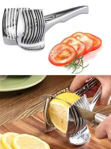 1个不锈钢番茄柠檬切片器支架，圆形水果洋葱切丝器切割器导向夹带手柄，厨房土豆青柠食材架 - 彩色 - 查看 1
