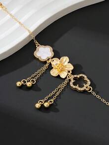 1件 时尚新款甜美精致夏日度假风金色纹理五瓣花幸运闪亮四叶草吊坠女手链 - 彩色 - 查看 4