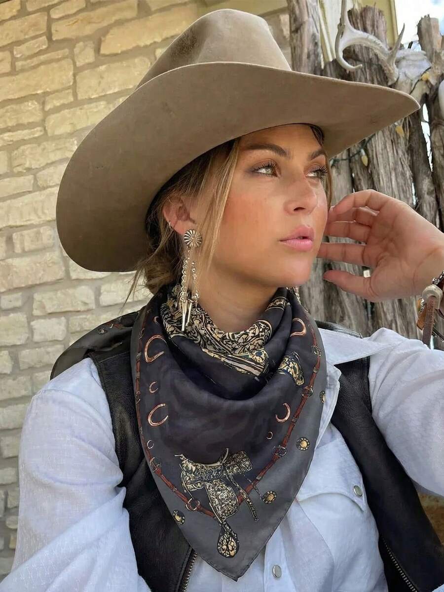 1 pièce Foulard/bandana de mode pour femme avec motif occidental - design de chapeau polyvalent, en polyester, convient pour assortir à la mode quotidienne - Multicolore - Voir 1