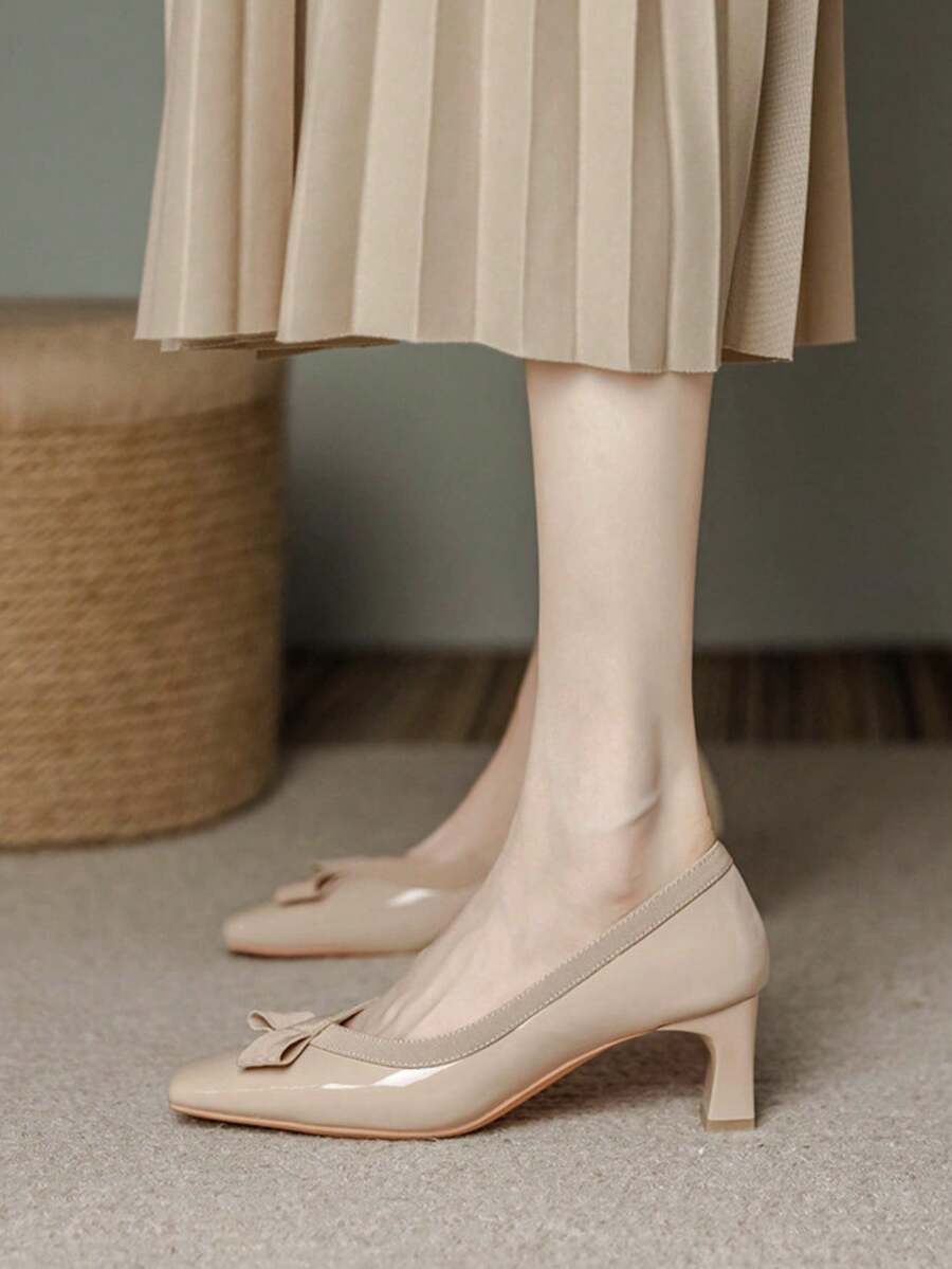 5cm Nude Bow Knot Slip-On Pumps, 5cm French Chunky Heels, Suitable For Summer Dresses, Beach Parties, Gatherings And Commuting - Apricot - View 1