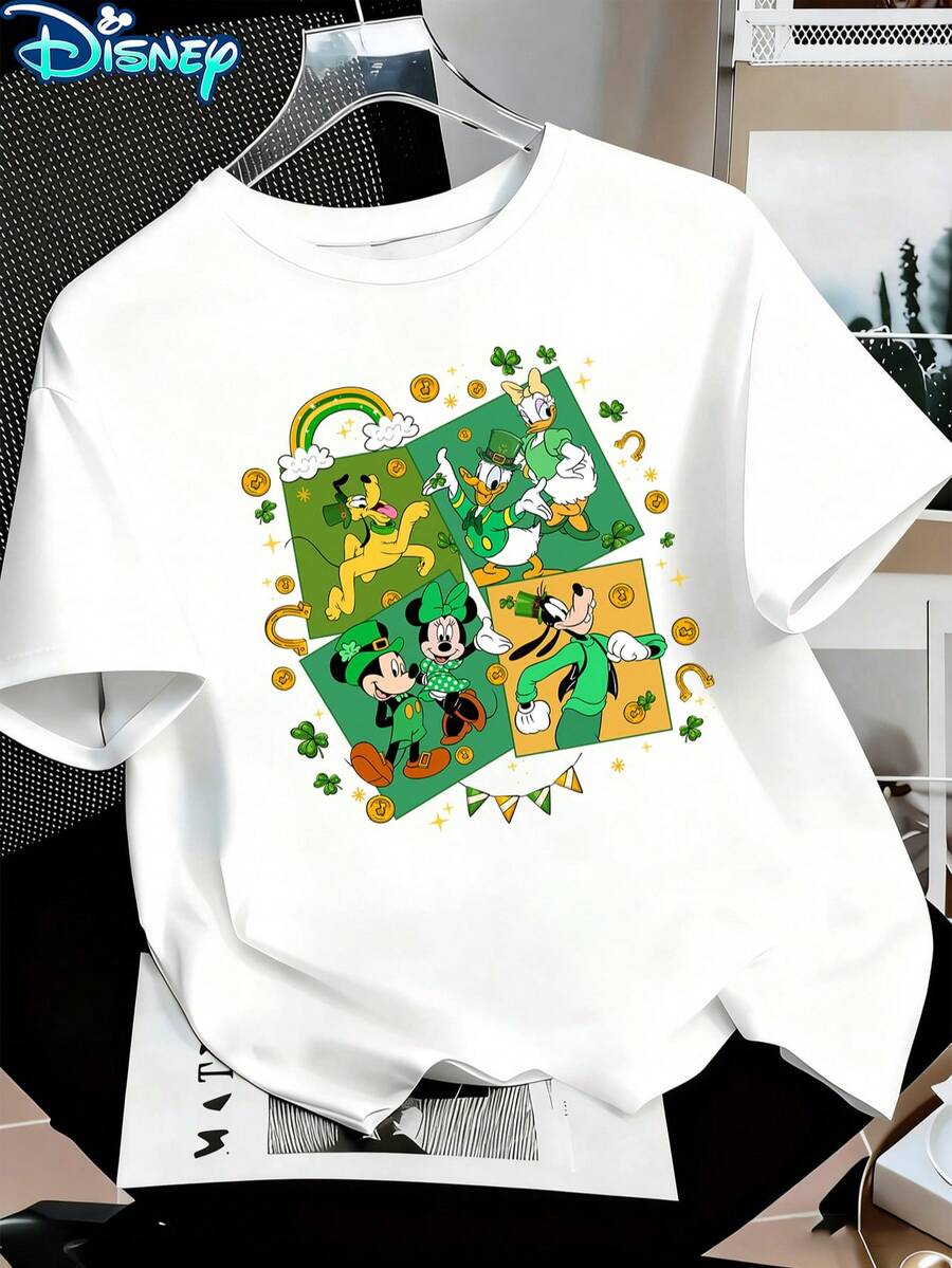 Disney Women's Mickey & Friends St. Patrick's Day Grid Cartoon Short-Sleeved T-Shirt - Rainbow & Gold Coin Theme Round-Neck Top, Soft Cotton Breathable Fabric, Summer Casual Style - trắng - Xem 1