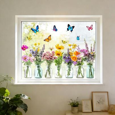 1/3 ملصق نافذة بزهور وأنماط إناء وفراشة، فيلم نافذة قابل للإزالة من الفينيل، مناسب لنوافذ غرفة المعيشة والمقاهي، ديكور منزلي للربيع والصيف.