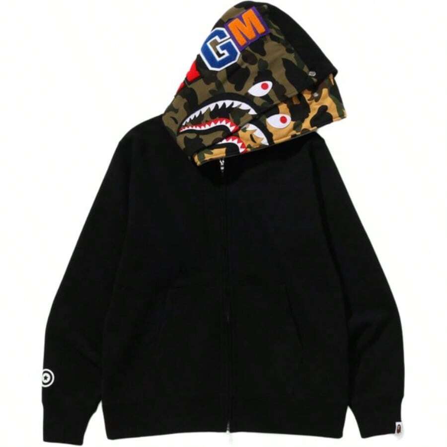 Bape A BATHING APE FW25 Half Camouflage Double Hooded Sweatshirt With Shark Logo On Cuffs, Men's - 黑色 - 查看 1