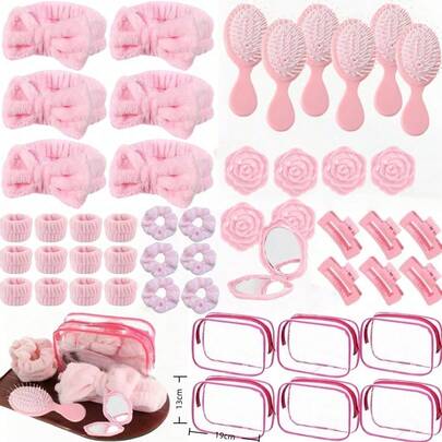 8pcs Girls SPA Party Gift Set: Pink Sleepover Accessories Including 1 Bow Headband, 2 Bracelets, 1 Headband, 1 Hair Clip, 1 Comb, 1 Cosmetic Bag, 1 Mirror. These Travel Essentials Make Great Gifts For Friends, Mother's Day, Bridesmaids, Brides