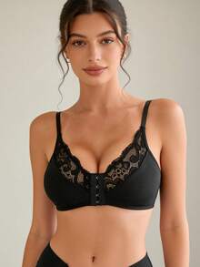Lilivine 1pc Mature & Charming - Wireless/Wireless & Padless Seamless Comfort Front Hook Racerback Lace Insert Bra For Women - Black - View 2