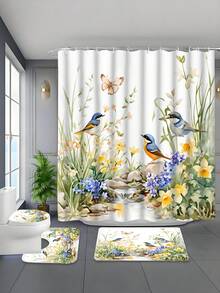 四件套绿色花卉鹦鹉春夏主题浴室浴帘套装，包含浴垫、U型马桶盖套、防水浴帘、现代风格浴室隔断帘，无需钻孔，涤纶材质，可机洗。 - 鳥 - 查看 3