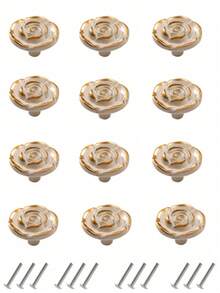 12pcs European Style White Rose Flower Cabinet Handles, Suitable For Wardrobe, Drawers, Kitchen Cabinets, Furniture, Shoe Cabinet, Vanity, Dining Room Cabinet, Minimalist Painted Crafted Knobs, Handmade Pattern, Zinc Alloy Material, Screws Included - White - View 1