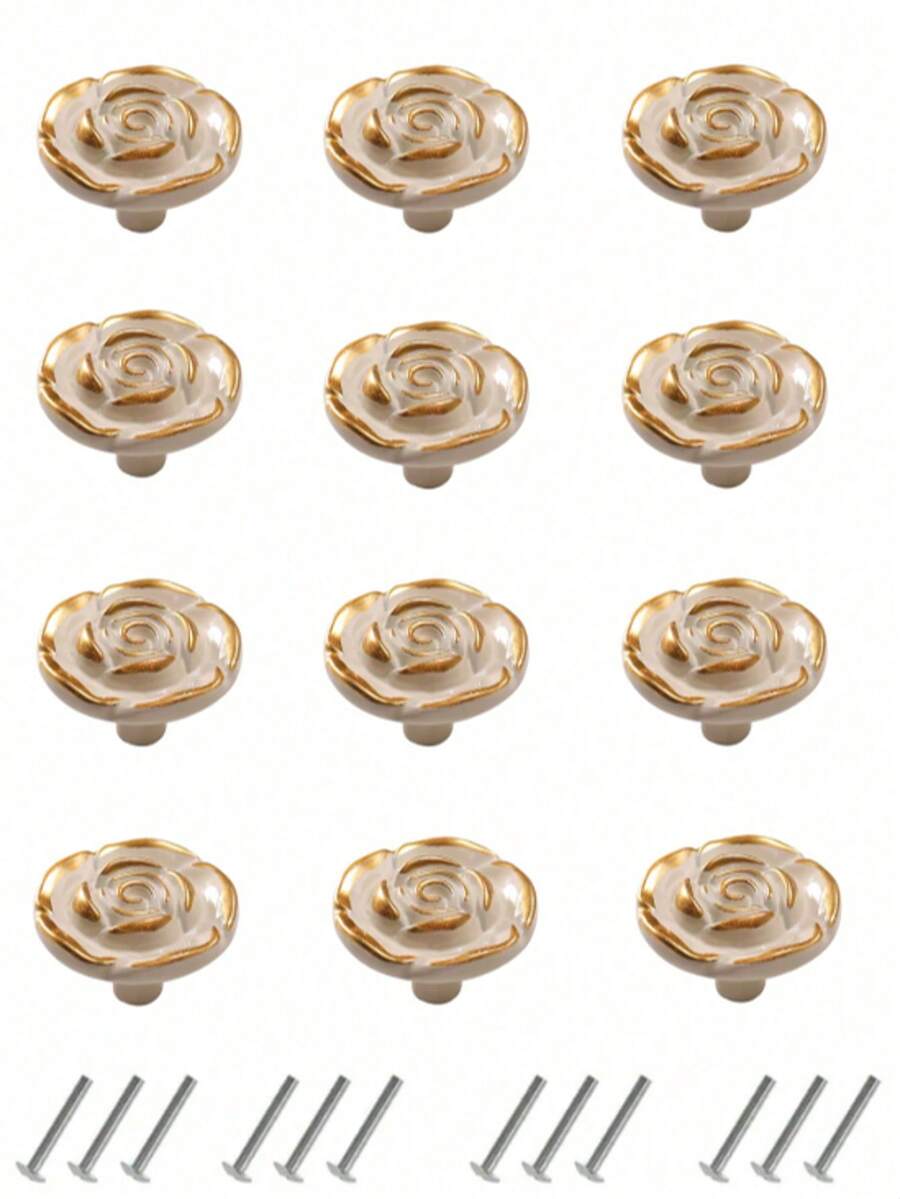 12pcs European Style White Rose Flower Cabinet Handles, Suitable For Wardrobe, Drawers, Kitchen Cabinets, Furniture, Shoe Cabinet, Vanity, Dining Room Cabinet, Minimalist Painted Crafted Knobs, Handmade Pattern, Zinc Alloy Material, Screws Included - White - View 1