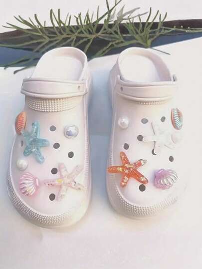 12件套沙滩系列粉彩海星贝壳装饰套装，ABS树脂材质，度假必备，女士及女孩凉鞋装饰，镂空木屐鞋装饰花朵，可拆卸DIY