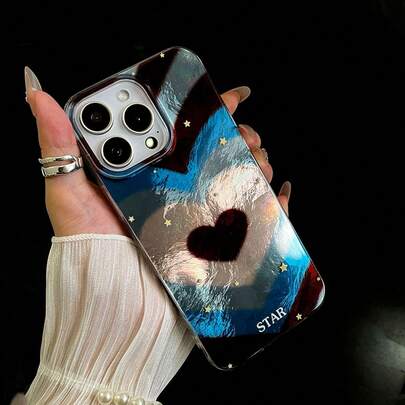 1个极简心形穿孔锡箔纹理手机壳，手机保护套 - 适用于 17 Air 16 15 14 13 12 11 Pro Max Plus，简约时尚手机壳