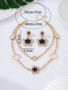 优雅时尚油滴黑色五瓣花项链耳环首饰套装，女士礼物 - 黑色 - 查看 4