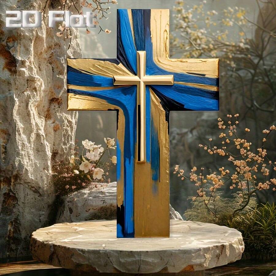 1 pièce Croix murale vintage 2D plate, 20 x 30 cm - Décoration religieuse élégante bleue et dorée, convient pour la maison, le salon, l'intérieur/extérieur, décoration murale - 30 cm x 20 cm / 11,81 po x 7,87 po - Voir 1