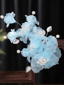 1pc Handmade Chiffon White Flower Lace Hair Clip, Photography Studio Wedding Dress Headpiece Accessory - 89928 Blue - View 3