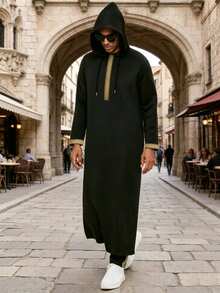Muslim Men's Hooded Robe, Long Gown With Golden Trim, Dual Side Pockets, Front Zipper, Suitable For Vacation And Casual Travel - Black - View 1