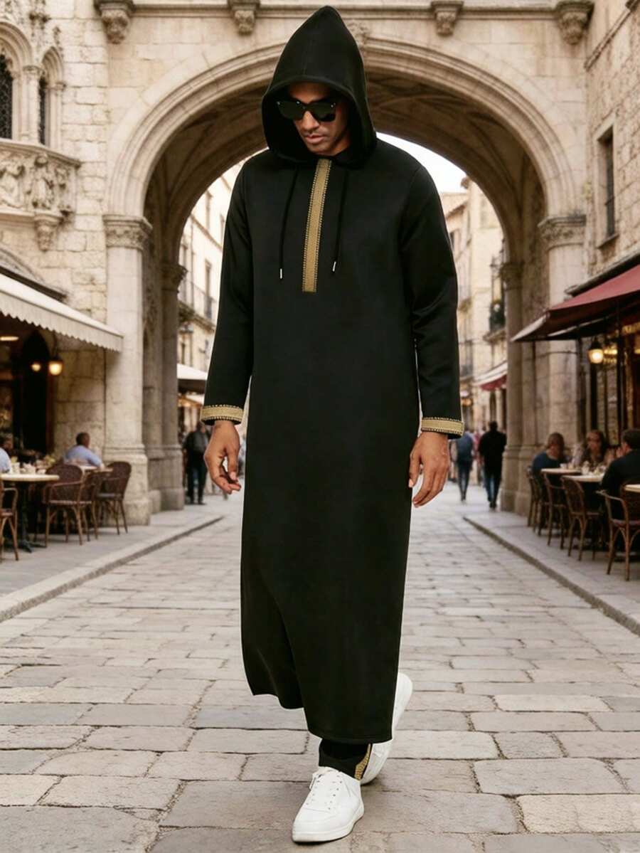 Muslim Men's Hooded Robe, Long Gown With Golden Trim, Dual Side Pockets, Front Zipper, Suitable For Vacation And Casual Travel - Black - View 1