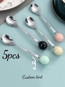5pcs Customizable Creative Round Ball High-Quality Ceramic Handle Stainless Steel Teaspoons - Multicolor - View 11