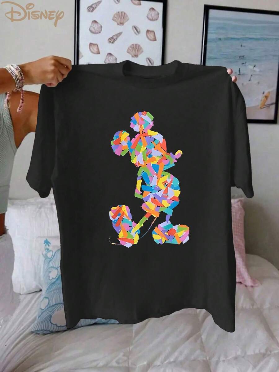Disney Official Ms. Mickey Mouse Abstract Art T-Shirt Light Beige Casual Short-Sleeved Summer Shirt, Colorful Geometric Patterns, Machine Washable Gift Clothing, High Quality Fabric Shirt. - Noir - Voir 1