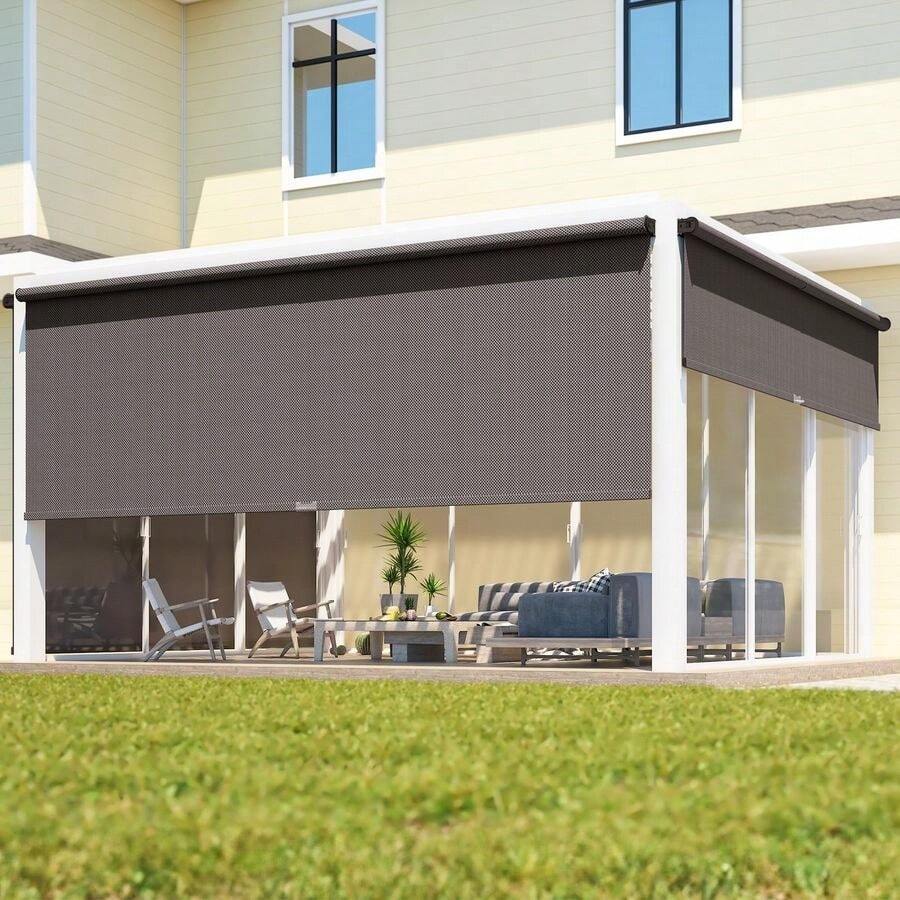 Outdoor Roller Shade For Patio With New Operation ModeNo Need Crank, 6W X 6H 420GSM New Material Patio Blinds With 95 UV Protection,Outdoor Blinds For Shading,Privacy Protection,Brown - 下拉式帶桿 - 查看 1