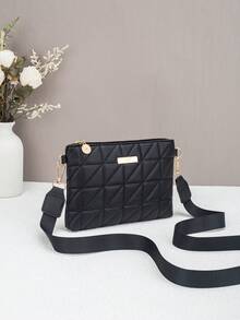 Women's New Fashion Stitched Crossbody Bag, Shoulder Bag, Clutch Bag, Envelope Bag, Rectangular Metal Decor, Suitable For Daily Wear - Black - View 3