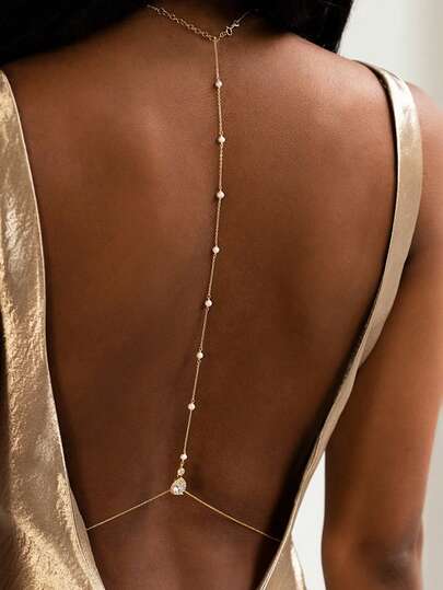 1pc Fashionable Back Necklace, Bridal Pearl Body Chain With Water Drop Pendant, Sexy Minimalist Backless Dress Body Chain, Versatile Bridal Gown Accessory, Suitable For Wedding, Date, Party, Birthday