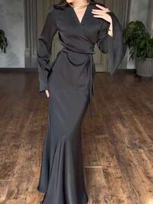 2pcs Women's Elegant Solid Color Long Sleeve Top And Skirt Set Spring Black - Black - View 10