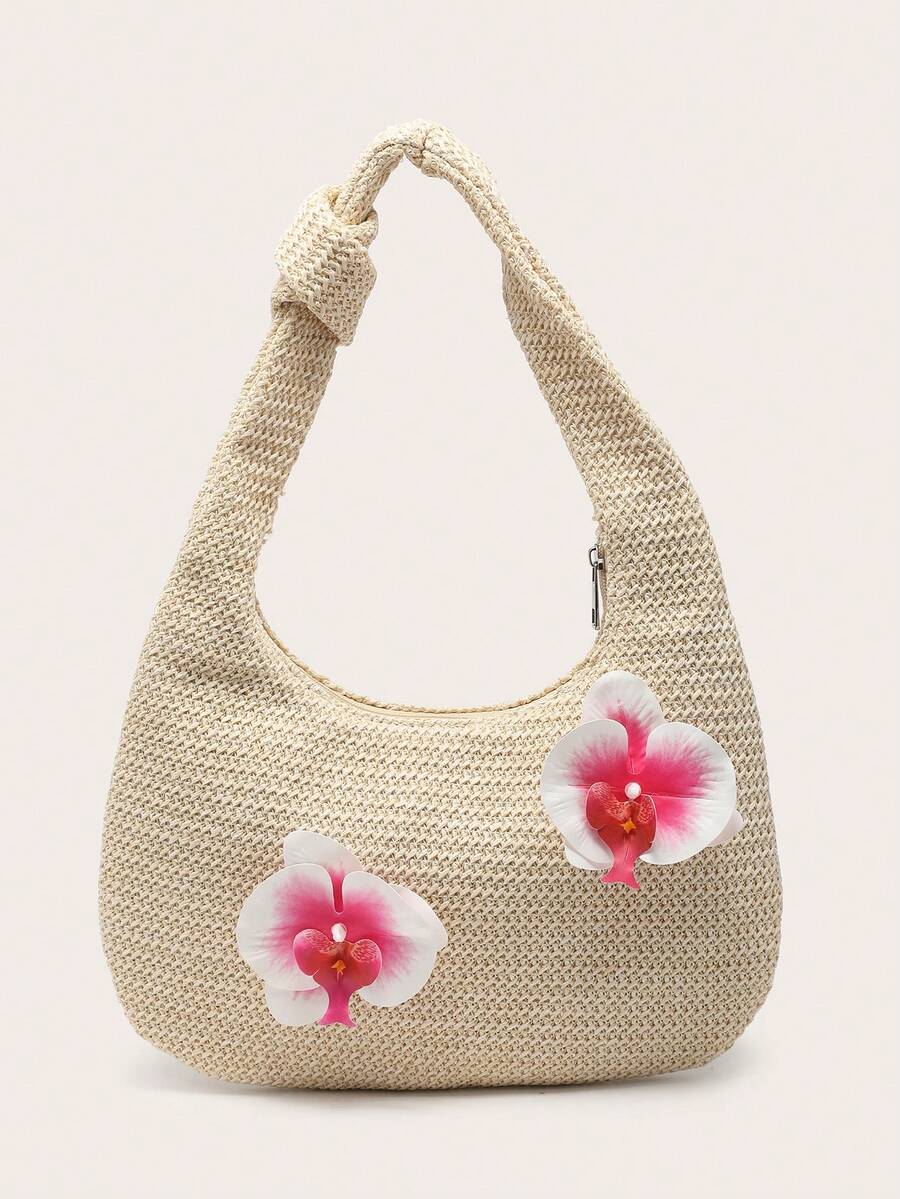 女士新月形草编单肩沙滩包，饰有蝴蝶花朵，轻便简约时尚，适合通勤和外出。 - 杏色 - 查看 1