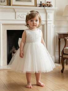 Baby Girls' White Handmade Beaded 3D Bow Elegant Mesh Party Dress, Princess Dress Suitable For 1st Birthday, Wedding, Party, Banquet, Holiday Celebration - White - View 6