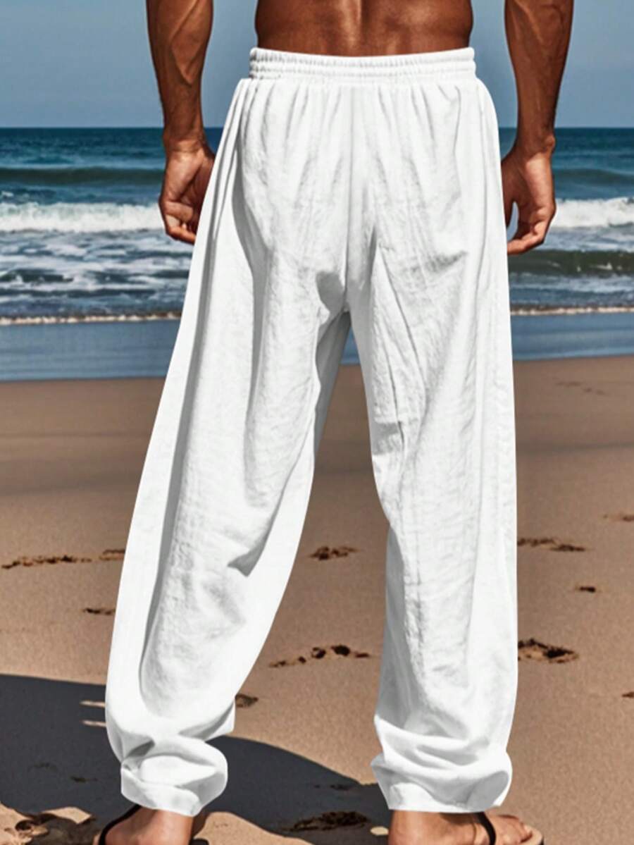 Men White Linen Woven Loose Casual Long Pants, Suitable For Spring/Autumn/Summer, Fall - trắng - Xem 1
