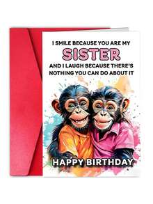 1pc Funny "Smile Because You're My Sister" Birthday Greeting Card With Red Envelope, Chimpanzee Illustration, Perfect Birthday Card For Sister & Siblings - View 9