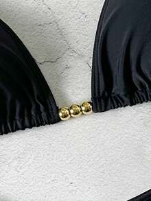 Bộ bikini đen cơ bản gợi cảm buộc dây cổ, trang trí hạt vàng, đồ bơi mùa hè mới cho kỳ nghỉ biển. - màu đen - Xem 6