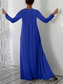 大码女式优雅休闲V领纯色口袋长袖连衣裙，春夏流行款 - 藍色 - 查看 2