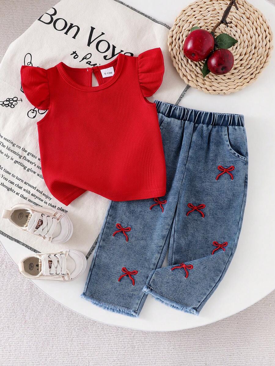 2pcs Baby Girls' Sweet Cute Round Neck Ruffle Sleeve Top & Casual Embroidered Bow Denim Pants Set, Summer - Red - View 1